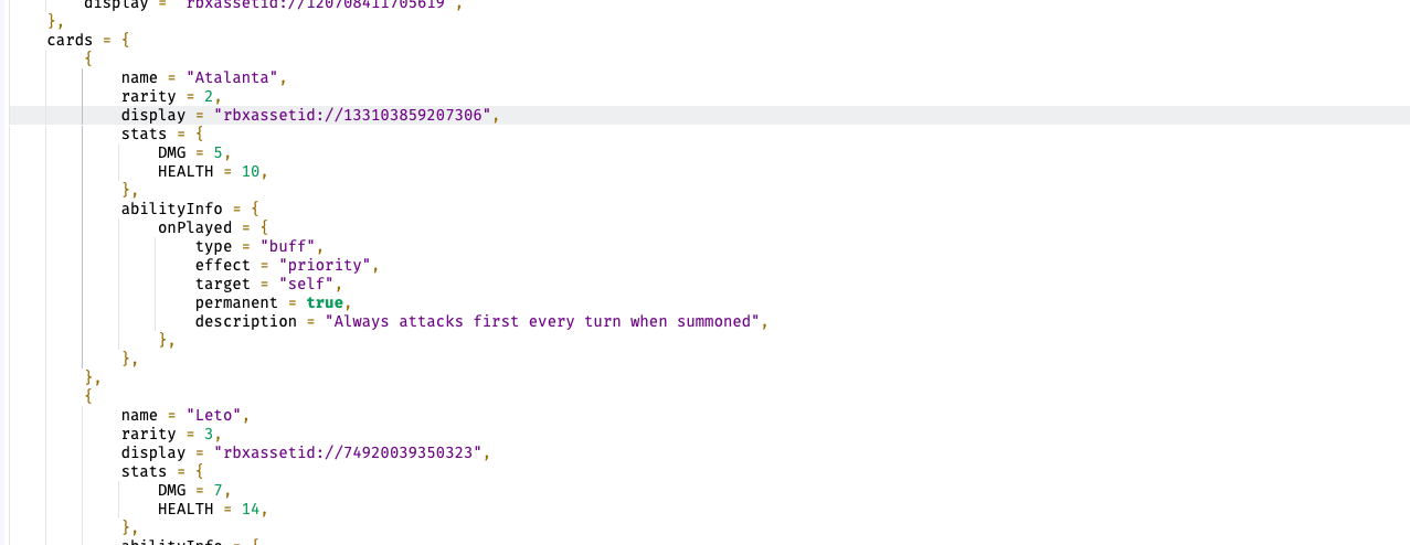 Card Data Structure - Atalanta & Leto Stats Configuration